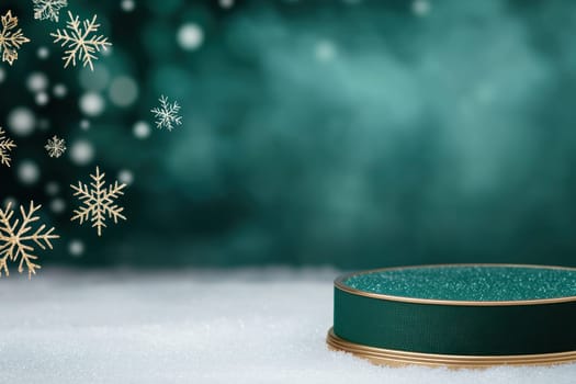 Elegant holiday podium with gold accents and emerald background.