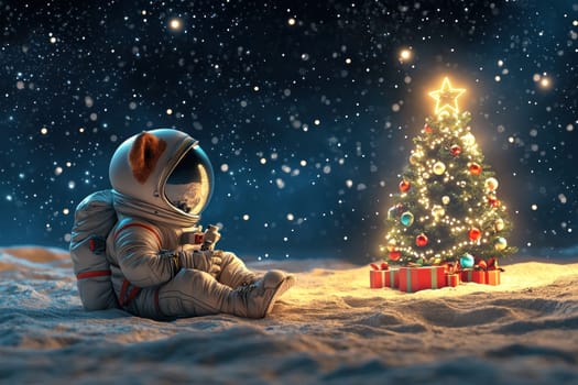 fox astronaut in cozy winter spacesuit sits by festive Christmas tree.