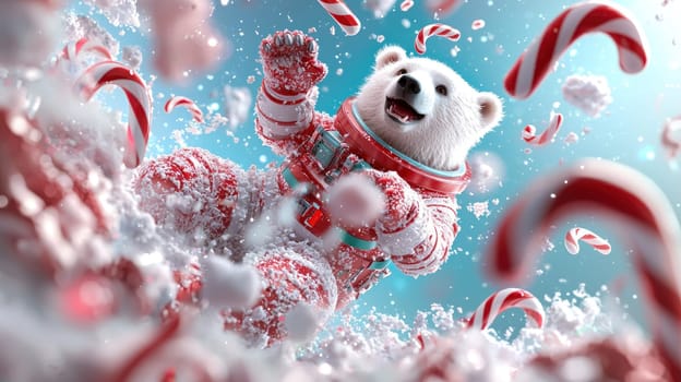 cheerful polar bear astronaut plays in snowy candy land.