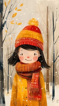 Cute girl in winter attire with snow falling around, autumn leaves and trees