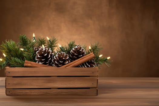 Rustic Christmas decoration with pinecones and cinnamon sticks.