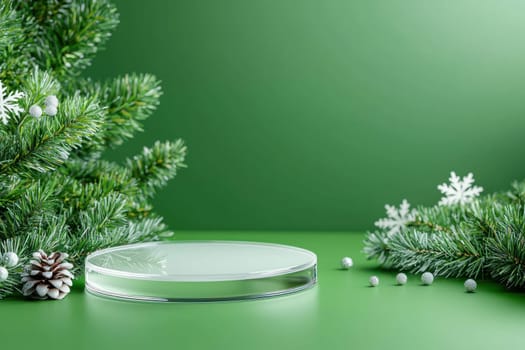 transparent glass podium surrounded by festive greenery and decorations.