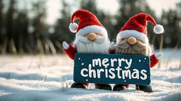 Merry Christmas gnomes in Santa hats holding festive sign in snow.