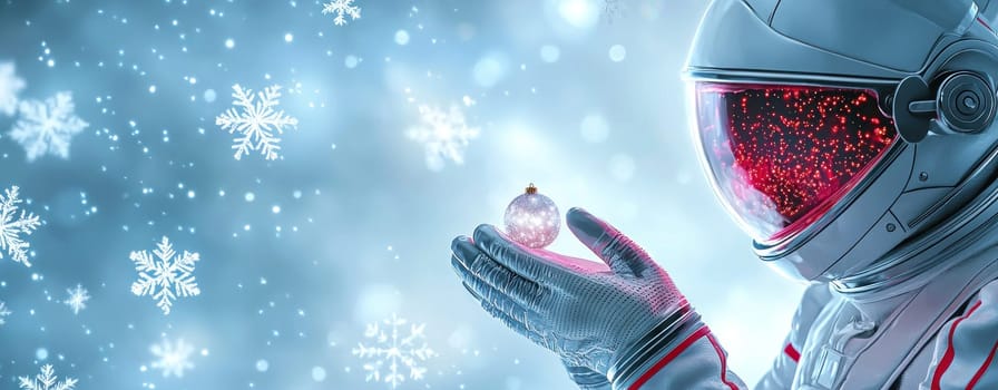 festive astronaut holds shimmering ornament amidst falling snowflakes.