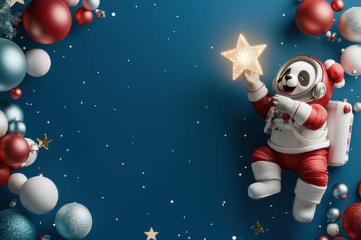 Festive panda astronaut holding glowing star in joyful scene.