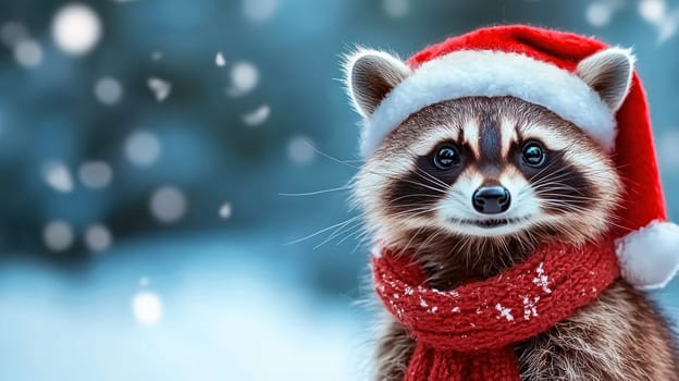 cute raccoon wearing Santa hat and red scarf, spreading holiday cheer.