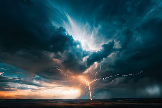 A powerful lightning bolt strikes the ground under dark ominous clouds.