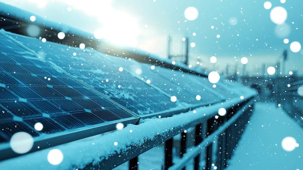 Solar panels covered in light snow, glistening under winter sun.