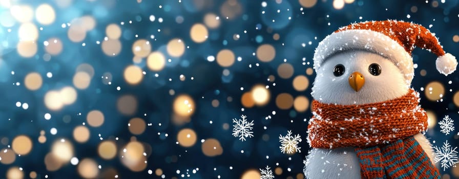Snowman wearing festive hat and scarf, surrounded by falling snowflakes.