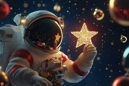 festive astronaut holding glowing star in starry background.