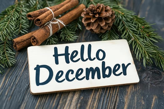 Hello December sign with cinnamon sticks and pinecone on wood.