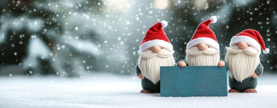 Festive gnomes in Santa hats holding sign in snowy landscape.
