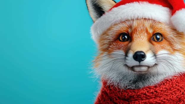 cute red fox wearing Santa hat and red scarf, smiling cheerfully.