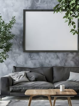 Stylish living room with gray sofa, blank frame, plants, and wooden table