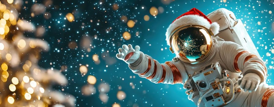 Festive astronaut in Santa hat reaching for stars in space.