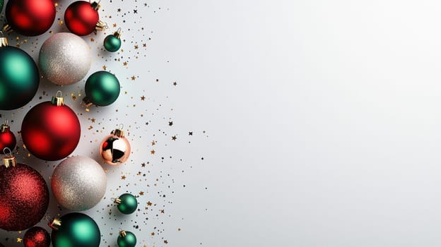 Festive Christmas ornaments in red, green, and silver with stars.