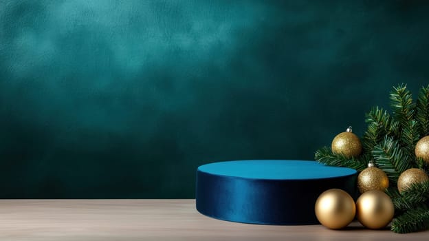 festive podium with soft blue velvet surface and golden ornaments.
