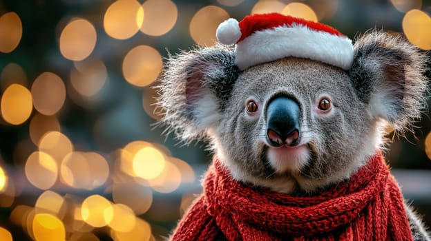 cute koala bear wearing Santa hat and red scarf, festive mood.