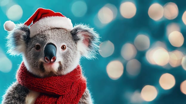 cute koala bear wearing Santa hat and red scarf, festive Christmas.