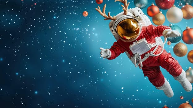 Reindeer astronaut in red spacesuit floating among festive ornaments, joyful and whimsical.