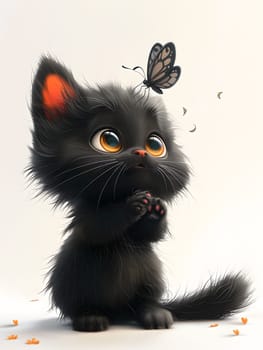 A small to mediumsized black cat, a member of the Felidae family, with a butterfly perched on its head. It has fawn whiskers, tail, and snout, typical traits of a terrestrial carnivore