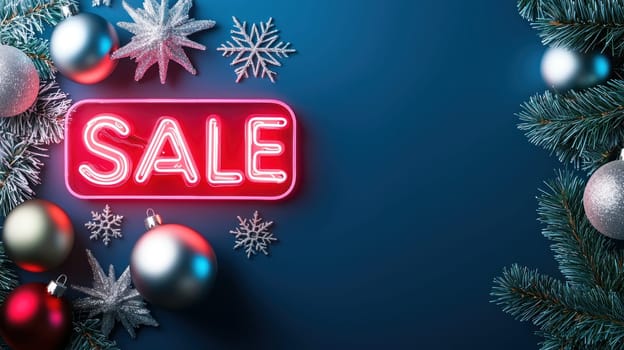 Bright neon SALE sign surrounded by festive decorations and ornaments.