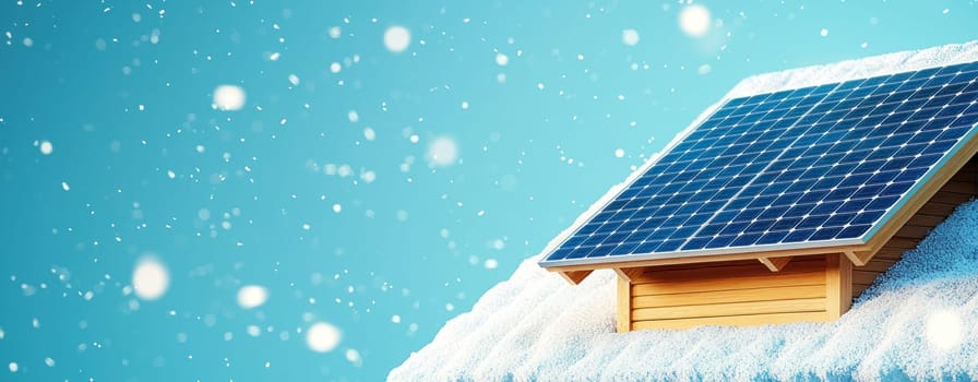 Modern solar panels on snowy roof, capturing energy in winter.