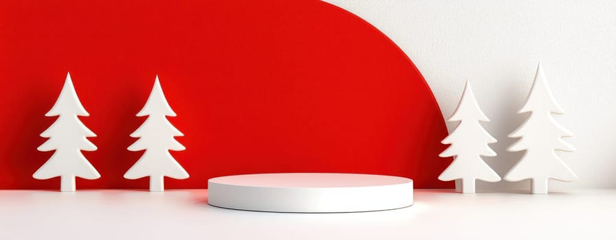 Minimalist Christmas podium with white trees and red background.