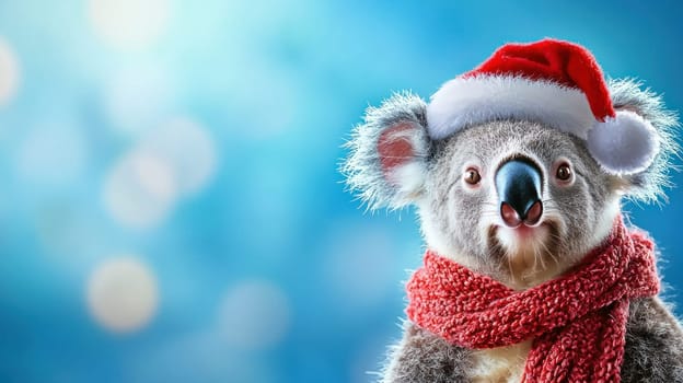 Cute koala bear wearing Santa hat and red scarf, festive Christmas.