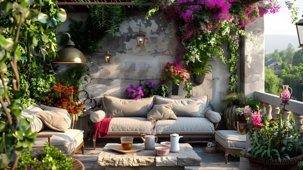 Imagine a welcoming outdoor patio adorned with flourishing plants and inviting seating
