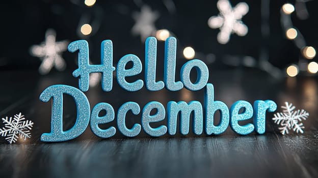 Hello December in sparkling blue letters with snowflakes and lights creates festive atmosphere.