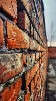 Close-up of a brick wall showing textures and details with a blurred background