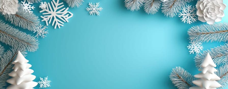 Winter themed background with white snowflakes and pine branches.