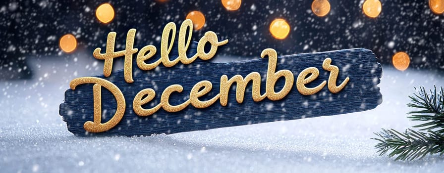 Hello December sign in snowy winter scene with soft bokeh lights.