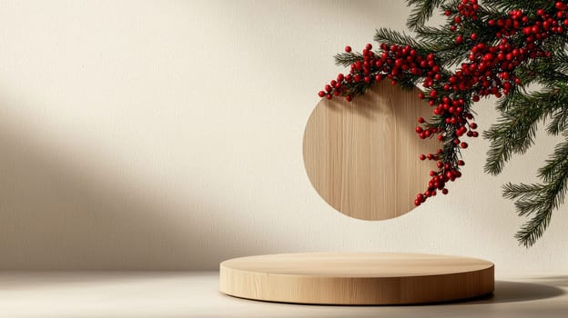 Minimalist wooden podium with holiday wreath and red berries.