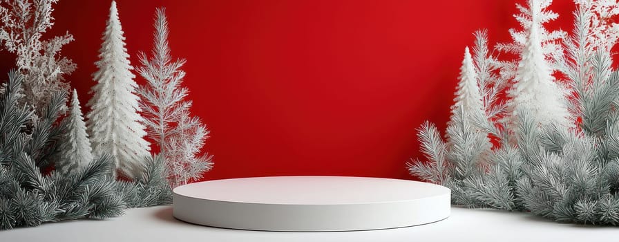 festive red backdrop with white podium surrounded by snowy trees creates cheerful atmosphere.