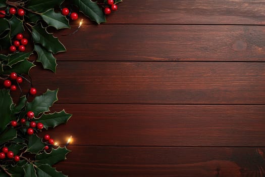 Festive holly leaves and red berries on rustic wooden background.