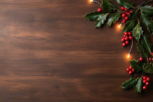 Festive holly leaves and berries with warm lights on wooden background.