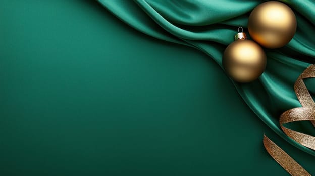 Elegant green fabric with gold ornaments and ribbon for festive decor.