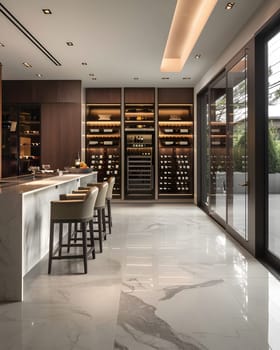 Elegant home bar with marble floor, wine cabinet, large windows, and seating