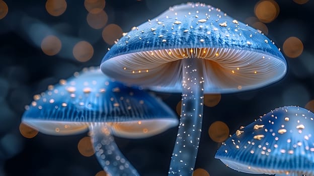 Glowing mushrooms with blue caps add a magical touch to a dark forest scene.