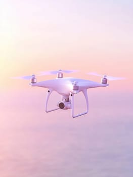 Drone hovering in mid-air with soft sky background capturing aerial serenity.
