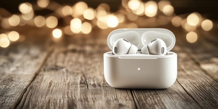 Modern wireless earbuds in charging case on rustic wooden table.