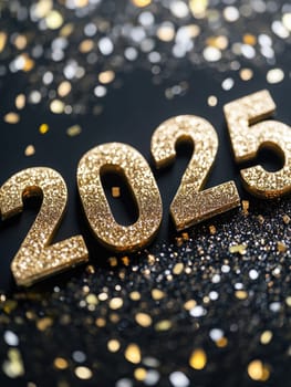 Glittering gold 2025 new year celebration on black background.