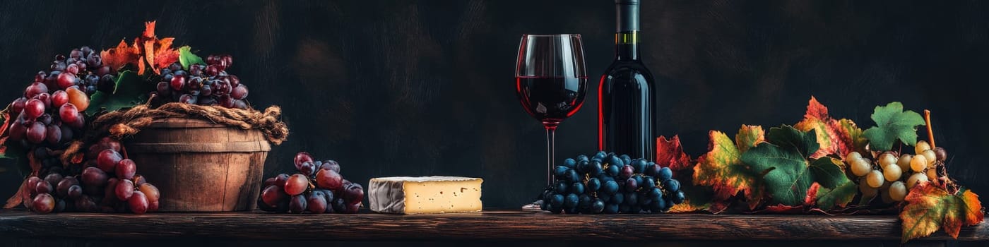 Ultra-realistic autumn still life with wine, grapes, and cheese.