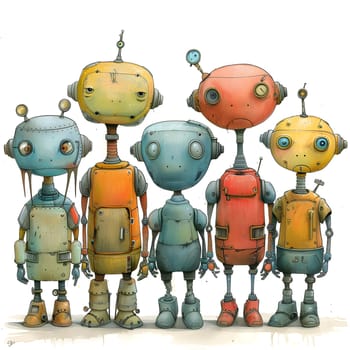 A team of fictional character robots are lined up next to each other, each one a unique action figure with fashion accessories. They stand ready for the next event in their toy world