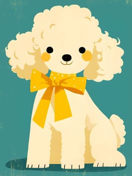 A white poodle, with a happy smile, wearing a yellow bow tie. The stylish gesture gives a touch of fashion design to the toy dog, resembling a fictional character in an art font rectangle