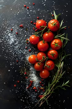 A group of ripe tomatoes, a type of fruit and vegetable, rests on a dark table. Tomatoes are natural foods filled with water and essential nutrients