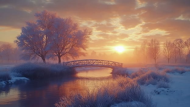 Winter landscape with snow-covered trees and a small bridge during sunset. Pastel colors.