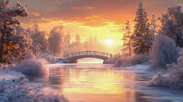 Winter landscape with snow-covered trees and a small bridge during sunset. Pastel colors.
